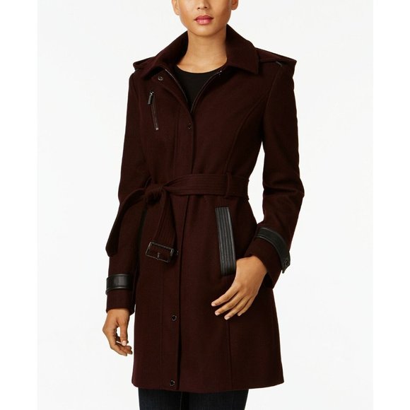 Michael Kors Jackets & Blazers - NEW Sz Medium M Michael Kors Belted faux Leather Trim Wool Hooded Coat Burgundy